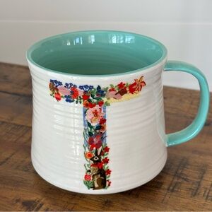 Nathalie Lété for Anthropologie Floral Monogram Mug Letter T White and Aqua